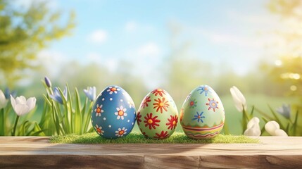Fototapeta na wymiar Three painted easter eggs celebrating a Happy Easter on a spring day with a green grass meadow, bright sunlight, tree leaves and a background with copy space and a wooden bench to display products