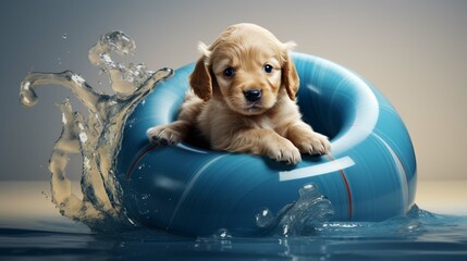 
Tiny 5 week old gold retriever puppy playing in a large blue toy - obrazy, fototapety, plakaty