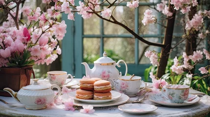 Fototapete Rund Elegant tea set with pastel macarons on a table, surrounded by blooming pink cherry blossoms. Vintage afternoon tea party concept. © Rene Grycner