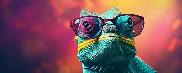 an empty header screen of a funny colorful chameleon wearing glasses - obrazy, fototapety, plakaty