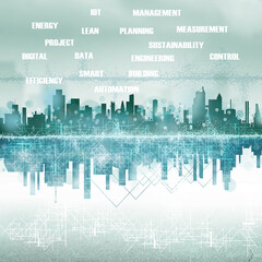 Nachhaltigkeit und Digitale Konstruktion - Stadt mit Hochh&auml;usern - Skylines abstrakte Darstellung smarte Geb&auml;ude
