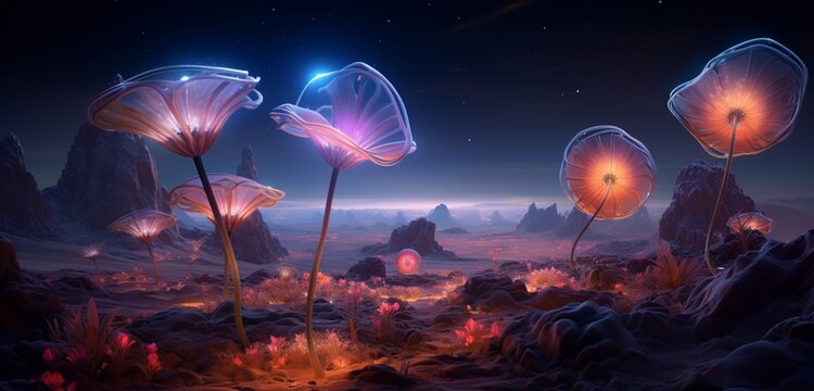 Bioluminescent flora blooms in a surreal desert, casting an otherworldly radiance over the alien landscape. Alien Flora.