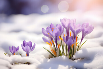 Beautiful purple blooming crocus spring flowers growing between snow during late winter or early spring