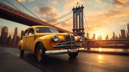 Fototapeta na wymiar Vintage yellow taxi cab in New York under the Brooklyn Bridge with a colorful sky during sunset