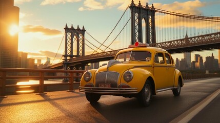 Vintage yellow taxi cab in New York under the Brooklyn Bridge with a colorful sky during sunset - obrazy, fototapety, plakaty
