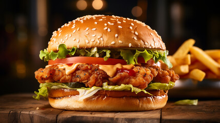 Mouthwatering shot of crispy chicken burger, Dramatic lighting emphasizing crispiness, AI Generated - Powered by Adobe