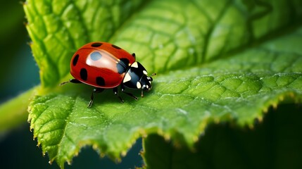 Fototapeta premium a lady bug is sitting on a green leaf, photorealistic detail
