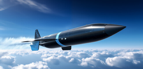 A combat rocket is flying above the clouds. Missile attack, air attack, war, missile strike.