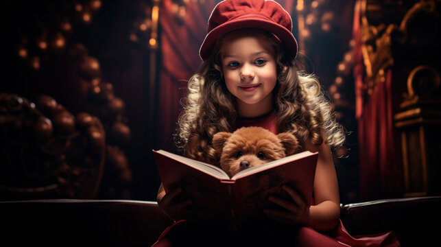 A little girl in a beautiful dress reads a book on stage.