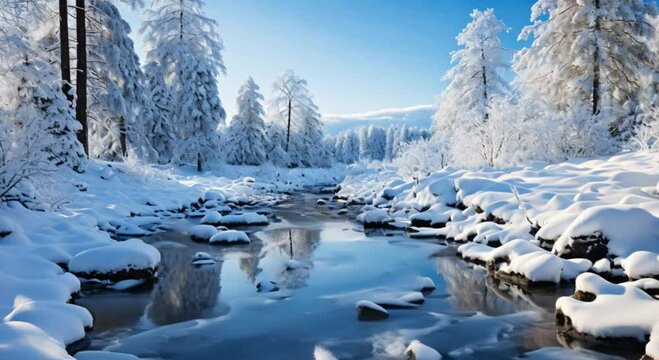 small river in snowy forest footage