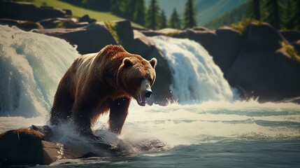Wild Alaskan brown grizzly bear feeding on sockeye salmon at Brooks Falls - obrazy, fototapety, plakaty