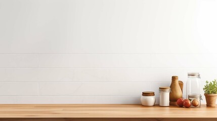 Fototapeta na wymiar Wood table and white wall background in kitchen, Wooden shelf, counter for food and product display in room background, Wood table top, desk surface banner, mockup photography