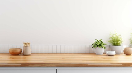 Wood table and white wall background in kitchen, Wooden shelf, counter for food and product display in room background, Wood table top, desk surface banner, mockup photography