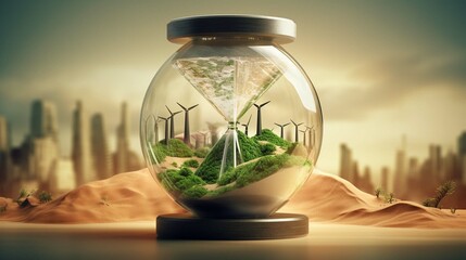 World inside sand clock with environmental ecology icon such as green factory recycle windmill and solar cell for sustainable development to protect earth and prevent global warming concept - obrazy, fototapety, plakaty
