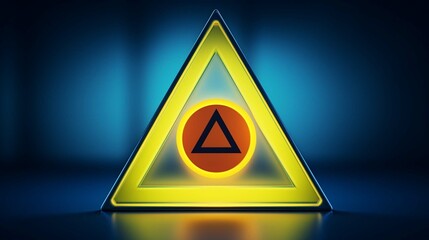 
Yellow triangle caution warning sign inside of magnifier glass on blue background and copy space for maintenance notification error and risk concept