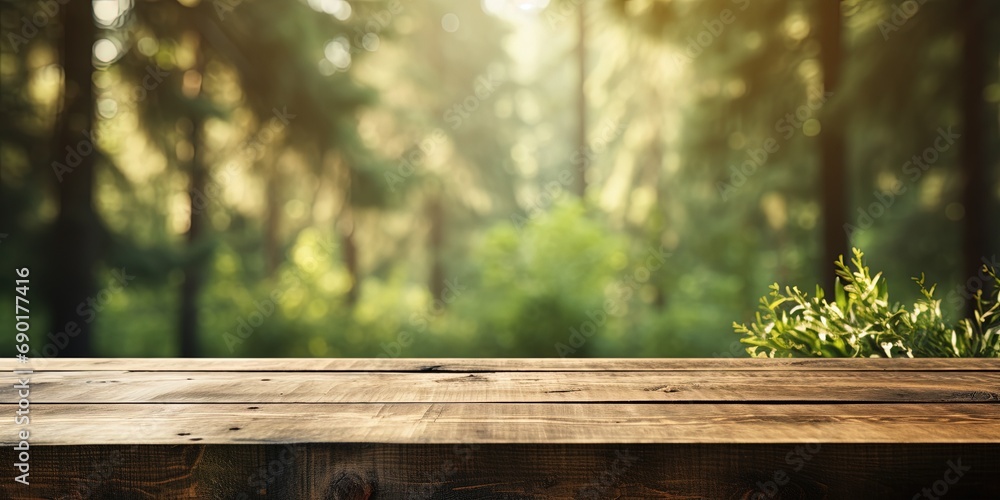Poster empty rustic old wooden boards table copy space with blurred calm forest background. product display