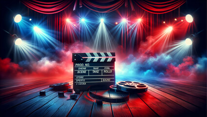 Cinematic Movie Set with Clapperboard and Film Reel on Wooden Stage - obrazy, fototapety, plakaty