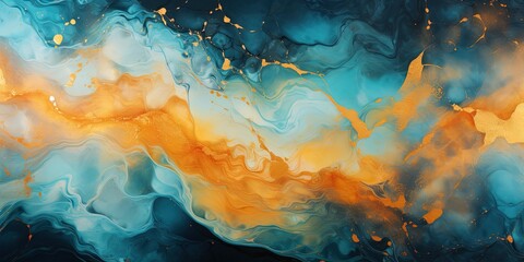 Luxurious Marbling Background. Paint Swirls in Beautiful Teal and Orange colors, with Gold Powder.