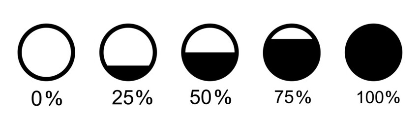 Set of filled circle from 0 to 100 percent icon. Vector circular shape symbol. - obrazy, fototapety, plakaty
