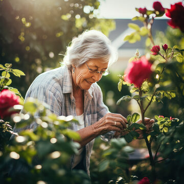 woman tending her rose garden.