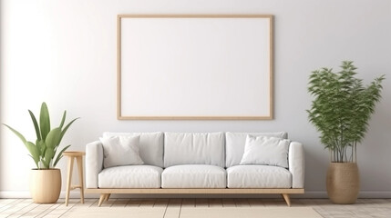 copy space, stockphoto, minimalist cozy healing living room blank frame mockup. Beautiful simple view on a couch and table. Black frame available for random text. Living room mock up. - Powered by Adobe