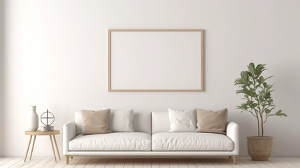 Obraz na płótnie Canvas copy space, stockphoto, minimalist cozy healing living room blank frame mockup. Beautiful simple view on a couch and table. Black frame available for random text. Living room mock up.
