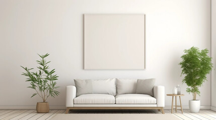 copy space, stockphoto, minimalist cozy healing living room blank frame mockup. Beautiful simple view on a couch and table. Black frame available for random text. Living room mock up.