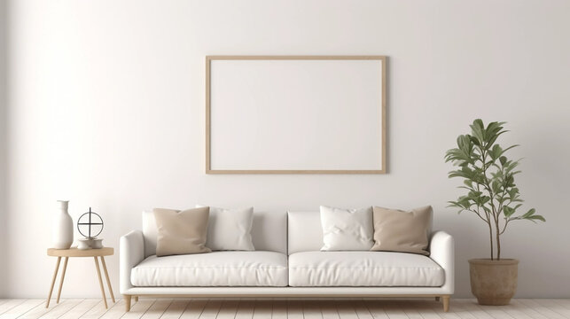 copy space, stockphoto, minimalist cozy healing living room blank frame mockup. Beautiful simple view on a couch and table. Black frame available for random text. Living room mock up. © Dirk