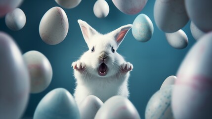 White funny little bunny jumping out of painted Easter eggs thrying to scare the children