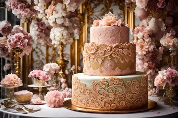 five ponds of big wedding and birthday cake decorated with candles and flowers and balloons in the party placed on thr table abstract background 
