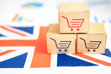 Box with shopping online cart logo and United Kingdom flag, Import Export commerce finance delivery...