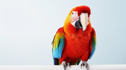 A cheerful, multi-colored parrot with a mischievous expression, positioned against a clean white backdrop for a playful copy space