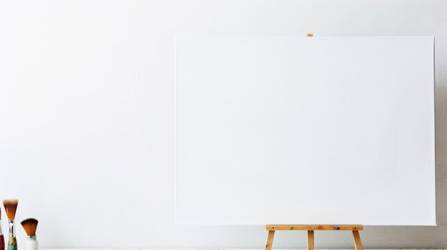 A blank white canvas with a single artist's paintbrush resting beside it, providing an artistic and creative copy space