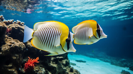 Fototapeta na wymiar Couple of yellow tropical fish in blue water with coral reef, colorful wild underwater world. Background wallpaper.