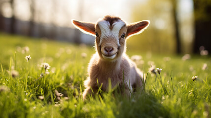 Newborn goatling resting on a green lawn in morning. Funny newborn young goat lying on the summer meadow.