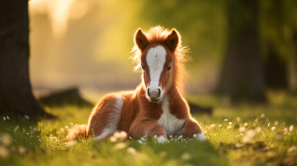 Newborn young foal resting on a green lawn in morning. Funny newborn young horse lying on the summer meadow.