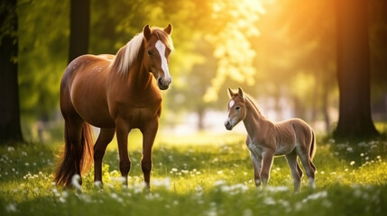 Young foal with mother on a green lawn in morning. Cute horses family lying on the summer meadow.