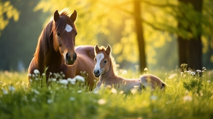 Young foal with mother on a green lawn in morning. Cute horses family lying on the summer meadow. - obrazy, fototapety, plakaty