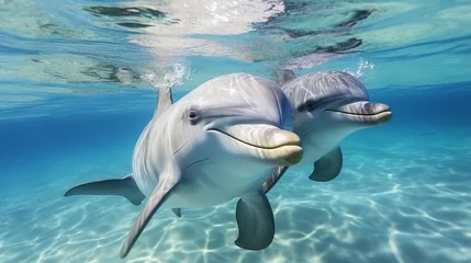 Rolgordijnen Dolphins couple swimming under blue water. © lelechka