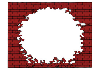 A wall of bricks with a hole in the middle and a place for text. Hand Drawn. Freehand drawing. Doodle. Sketch. Outline.