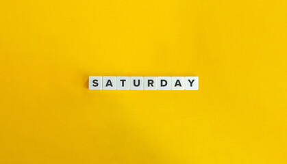 Saturday Word on Block Letter Tiles on Yellow Background. Minimalist Aesthetics. - obrazy, fototapety, plakaty