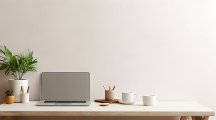 A minimalistic white home office with a computer and a cup of coffee, creating a serene and focused work environment