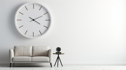 A plain white wall with a single, elegant timepiece, creating a timeless and sophisticated copy space