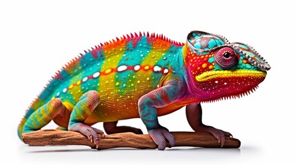 A quirky, rainbow-colored chameleon perched on a white background, showcasing its vibrant and comical personality
