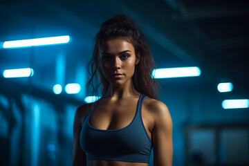 Fototapeta na wymiar Athletic woman posing in dark gym with blue backlight