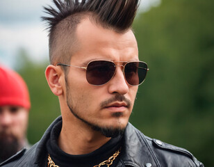 Naklejka na ściany i meble Young punk man wearing black glasses. Portrait of bold male with bright image, daring style