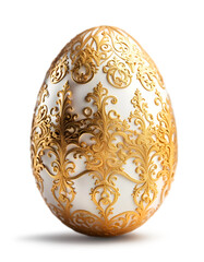 Golden and white Easter egg with beautiful lace ornaments decoration, isolated on white