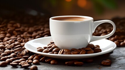 A white ceramic coffee mug on a saucer, surrounded by scattered coffee beans, offering a simple and elegant copy space