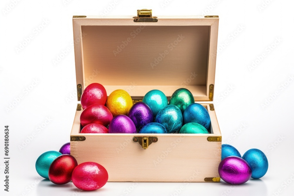 Wall mural wooden box with chocolate eggs, easter holiday concept, white background. generative ai