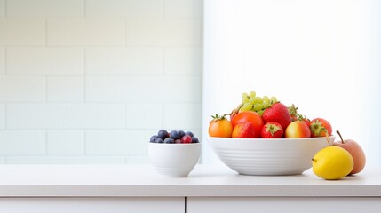 A white kitchen counter with a bowl of fresh fruits, providing a vibrant and appetizing copy space